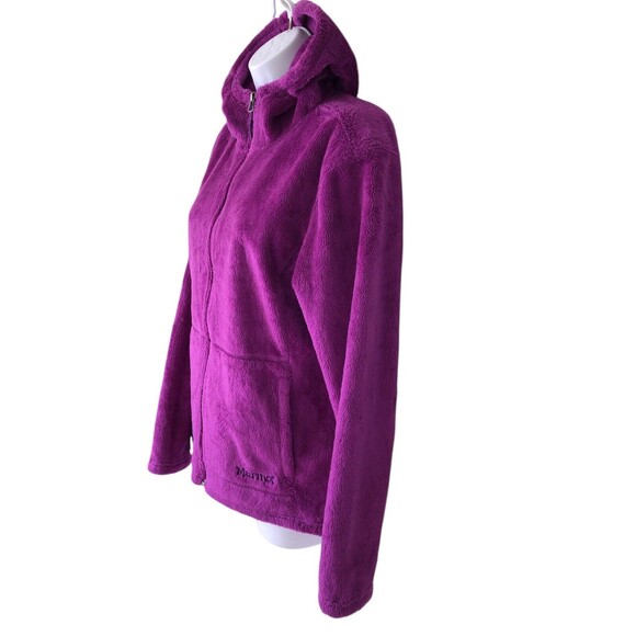 MARMOT Polartec Women Fluffy Fleece Jumper Large Full Zip Neon Purple Hooded - Picture 2 of 10